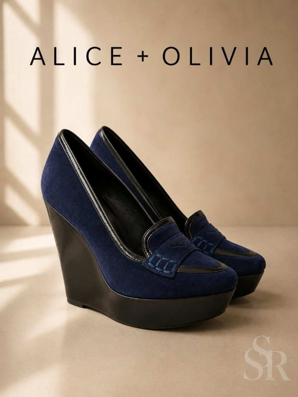 Alice + Olivia Navy Suede Penny Loafer Wedge Pumps Platform Heels EU 38 US7.5